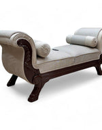 Bloomart Magnifica Hand Carved Teak Wood Soft Upholstery 2 Seater Bench With Two Roll Cushion