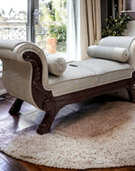 Bloomart Magnifica Hand Carved Teak Wood Soft Upholstery 2 Seater Bench With Two Roll Cushion