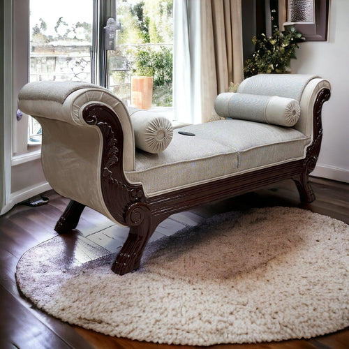 Bloomart Magnifica Hand Carved Teak Wood Soft Upholstery 2 Seater Bench With Two Roll Cushion