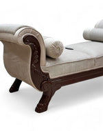 Bloomart Magnifica Hand Carved Teak Wood Soft Upholstery 2 Seater Bench With Two Roll Cushion