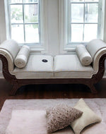 Bloomart Magnifica Hand Carved Teak Wood Soft Upholstery 2 Seater Bench With Two Roll Cushion - Bloomart