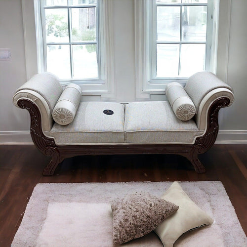 Bloomart Magnifica Hand Carved Teak Wood Soft Upholstery 2 Seater Bench With Two Roll Cushion - Bloomart