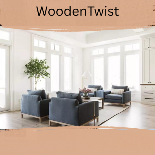 Bloomart Barrington Teak Wood Modern 4 Seater Sofa Set with Table ( Light Blue )