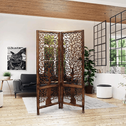 Wooden Nezox Handcrafted Wooden Room Divider Partition Screen Mango Wood Frame & MDF Panels ( Burning Antique Finish )