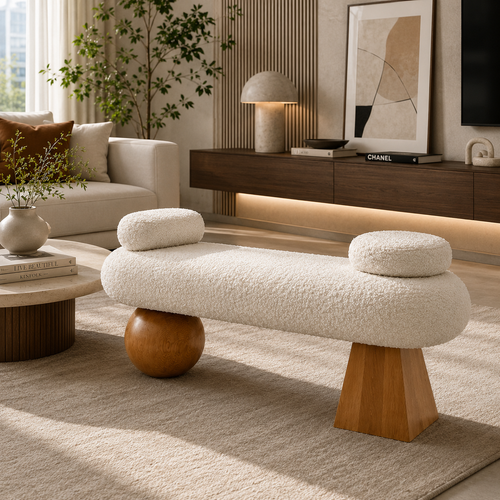 Bloomart Modern Boucle Upholstered Bench for Living Room & Bedroom with Solid Wooden Legs