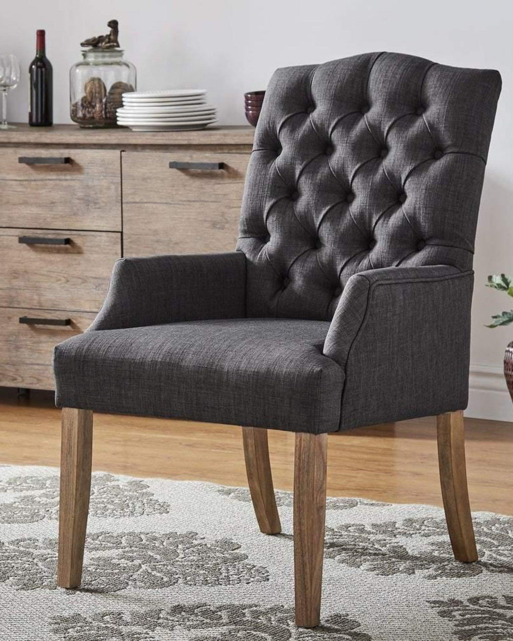 Classic Tufted Linen Dining Arm Chair Set of 2 - WoodenTwist