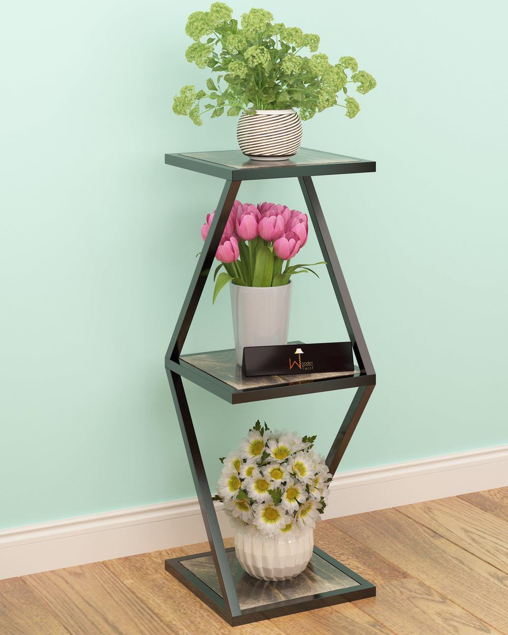 Tier 3 Potted Iron And Wood Plant Stand, Curved Flower Pot Holder Shelf for Indoor & Outdoor - Bloomart