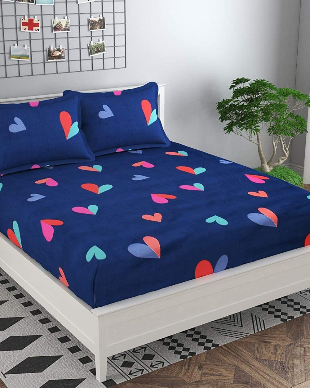 Glace Cotton Double Bedsheet with 2 Pillow Covers (Blue Heart) - WoodenTwist