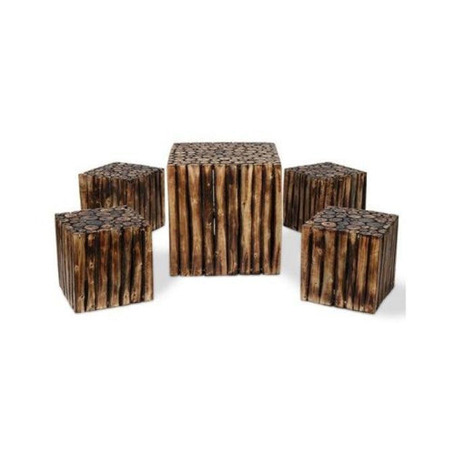 Bloque De Madera Wooden Square Coffee Table With 4 Stool