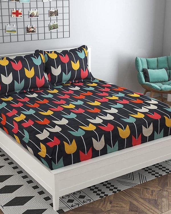 Glace Cotton Double Bedsheet with 2 Pillow Covers (Multi Grey Patti) - WoodenTwist