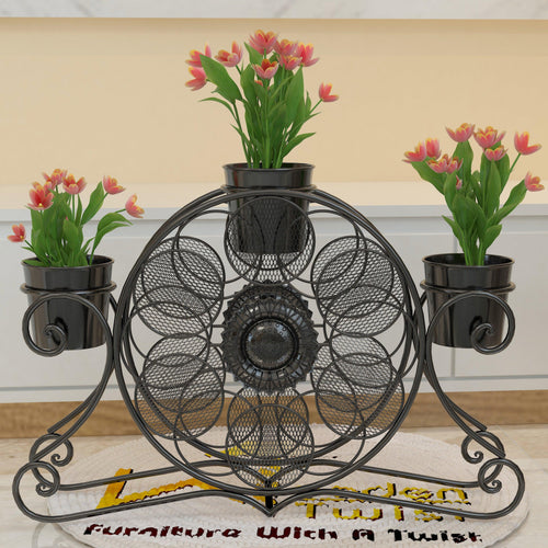 Wooden Twist Stylish loto Wrought Iron Floor Planter Stand with 3 Pots ( Black ) - Bloomart