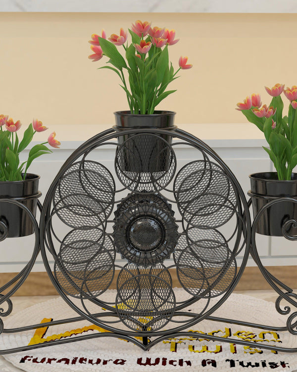 Wooden Twist Stylish loto Wrought Iron Floor Planter Stand with 3 Pots ( Black ) - Bloomart