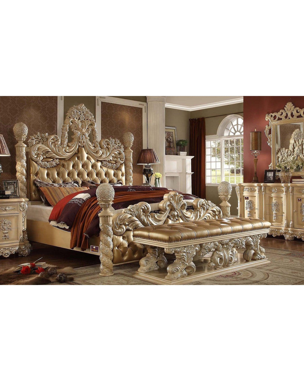 Wooden Hand Carving European Style Luxury King Size Bed with Bench (Golden Finish) - WoodenTwist