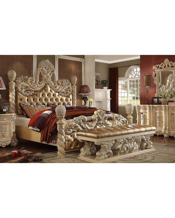Wooden Hand Carving European Style Luxury King Size Bed with Bench (Golden Finish) - WoodenTwist