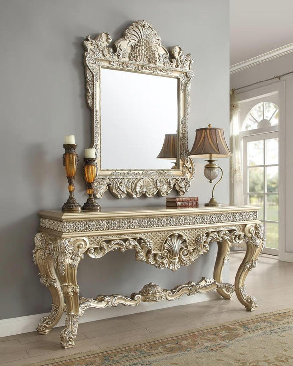 Wooden Twist Hand Carved Traditional Style Teak Wood Console Table With Mirror Silver Leaf (Golden Finish) - WoodenTwist
