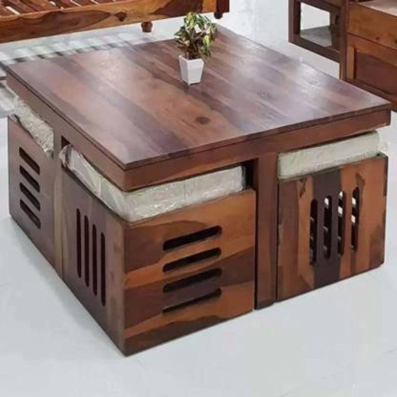 Teak Wood Coffee Table Set With 4 Stool - Bloomart