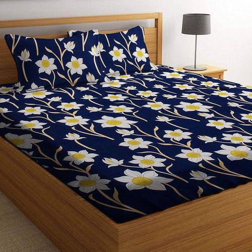 Glace Cotton Double Bedsheet with 2 Pillow Covers (Bluefand Yellow Flower) - WoodenTwist