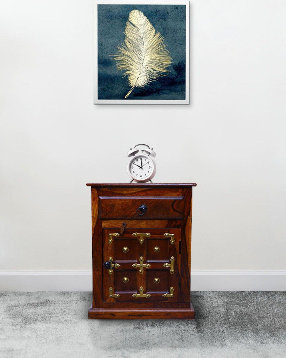 Wooden L T Brass Bedside Cabinet (Teak Wood) - Bloomart