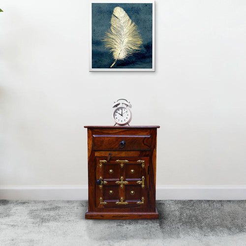 Wooden L T Brass Bedside Cabinet (Teak Wood) - Bloomart