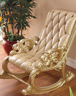 Bloomart Lavish Luxurious Hand Carved Button Tufted Teak Wood Rocking Chair with Footrest for Elegant Living Room