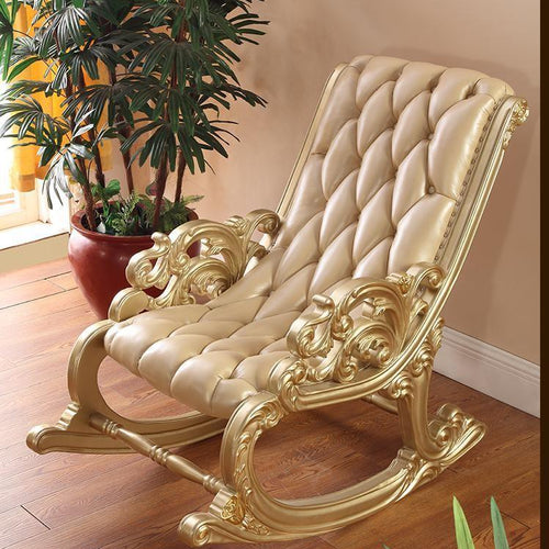 Bloomart Lavish Luxurious Hand Carved Button Tufted Teak Wood Rocking Chair with Footrest for Elegant Living Room