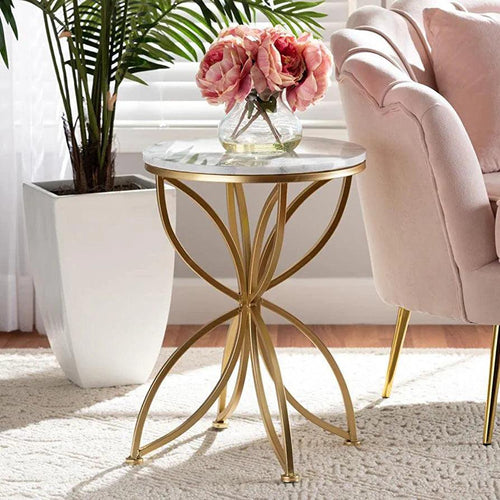 Florence Circular Iron Side Table - Glossy Golden Modern Flower Design