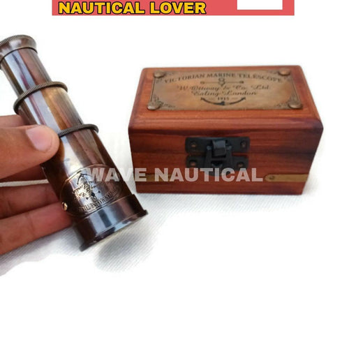Telescope Victorian Marine with Wooden Box Vintage Mini Handheld
