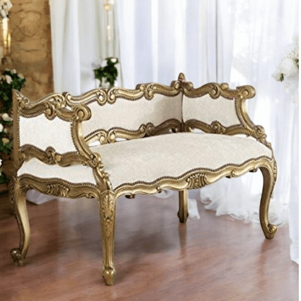 Bloomart Engrave Hand Carved Teak Wood 2 Seater Bench for Living Room ( Ivory )