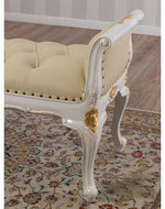 Bloomart Carissa French Baroque Style Crystal Button Teak Wood Bench Hand Carved Antique-Inspired Seating for Elegant Living Room