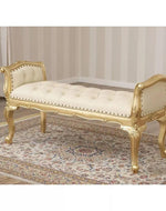 Bloomart Carissa French Baroque Style Crystal Button Teak Wood Bench Hand Carved Antique-Inspired Seating for Elegant Living Room
