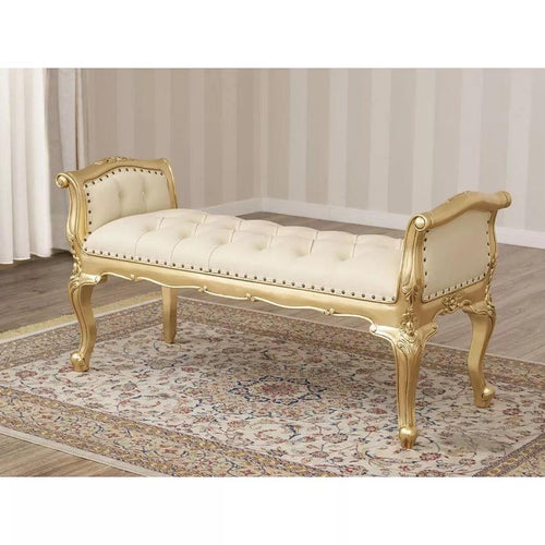 Bloomart Carissa French Baroque Style Crystal Button Teak Wood Bench Hand Carved Antique-Inspired Seating for Elegant Living Room