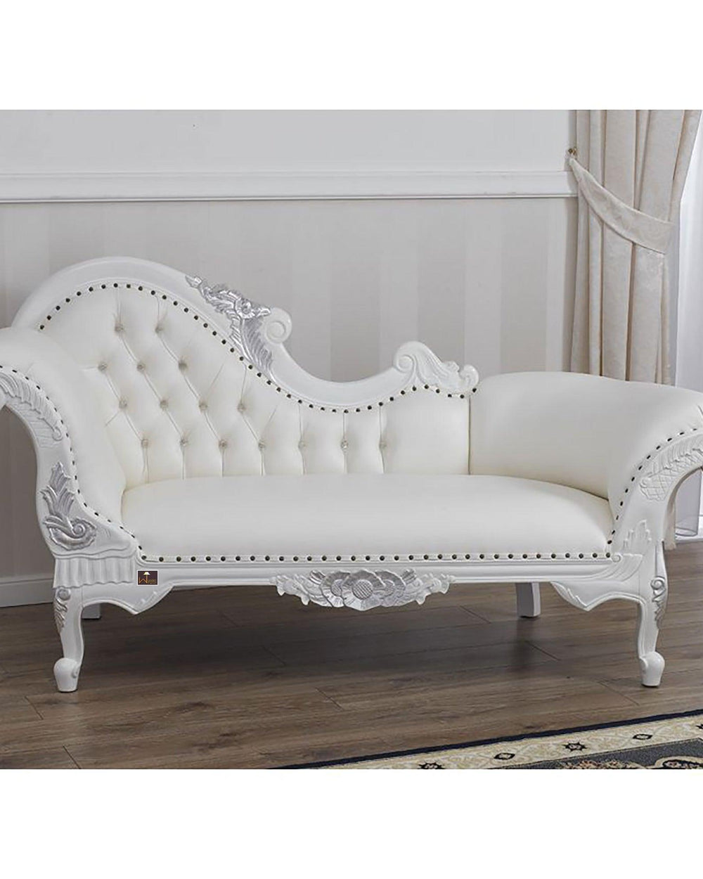 Wooden Hand Carved Modern Baroque Style Chaise Longue Sofa White Lacquered And Silver Leaf - Bloomart