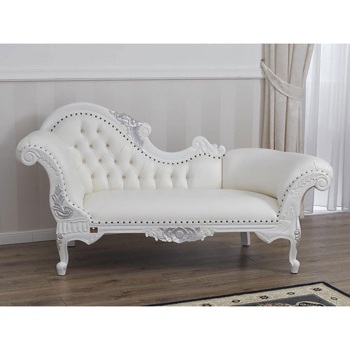 Wooden Hand Carved Modern Baroque Style Chaise Longue Sofa White Lacquered And Silver Leaf - Bloomart