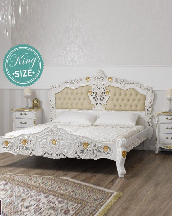 Super King Size Teak Wood Bed Heavy Carved with Cushioned Design - WoodenTwist