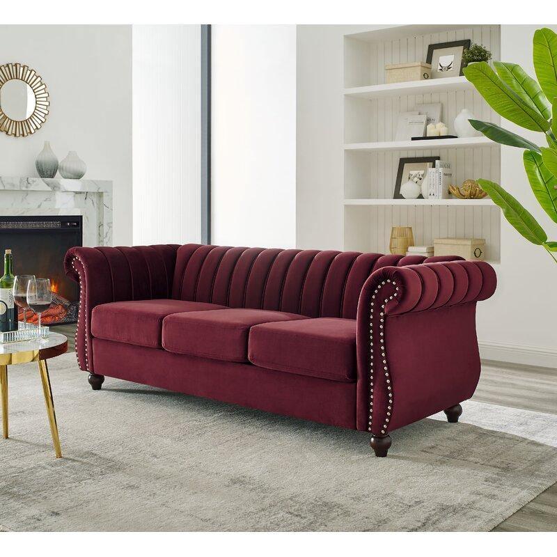 Designer Velvet Rolled Arm Chesterfield Sofa (3 Seater) - Bloomart