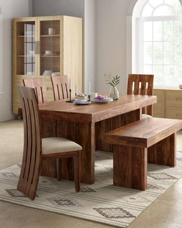 Elegant Teak Wood 6 Seater Dining Set with Bench (Finish Color - Honey) - WoodenTwist